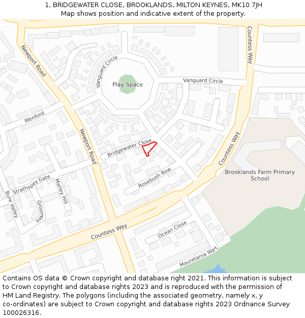 1, BRIDGEWATER CLOSE, BROOKLANDS, MILTON KEYNES, MK10 7JH: Location map and indicative extent of plot