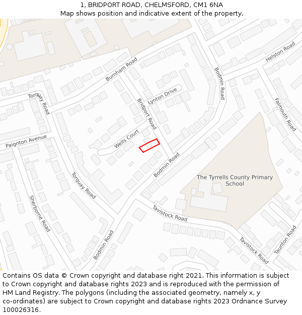 1, BRIDPORT ROAD, CHELMSFORD, CM1 6NA: Location map and indicative extent of plot