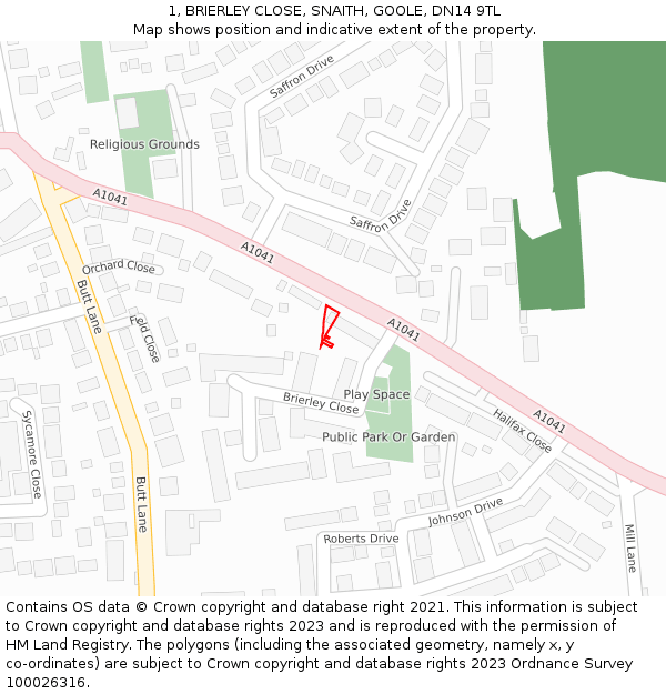 1, BRIERLEY CLOSE, SNAITH, GOOLE, DN14 9TL: Location map and indicative extent of plot