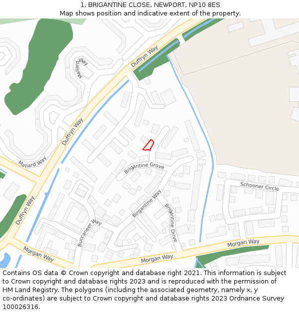 1, BRIGANTINE CLOSE, NEWPORT, NP10 8ES: Location map and indicative extent of plot