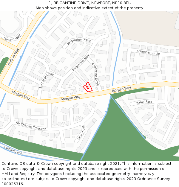 1, BRIGANTINE DRIVE, NEWPORT, NP10 8EU: Location map and indicative extent of plot