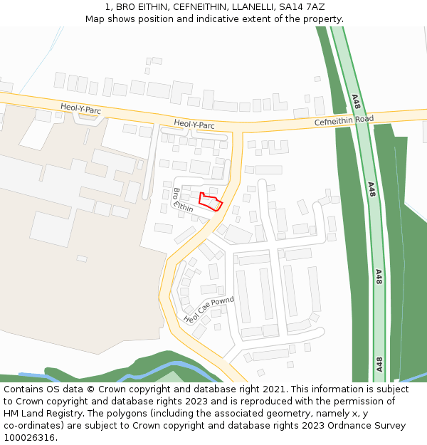 1, BRO EITHIN, CEFNEITHIN, LLANELLI, SA14 7AZ: Location map and indicative extent of plot