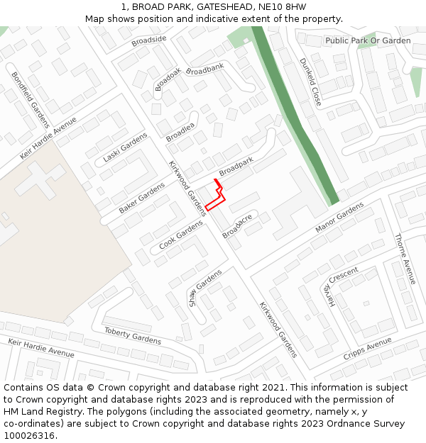 1, BROAD PARK, GATESHEAD, NE10 8HW: Location map and indicative extent of plot