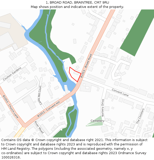 1, BROAD ROAD, BRAINTREE, CM7 9RU: Location map and indicative extent of plot