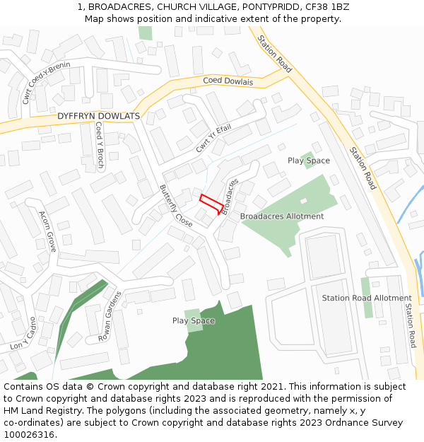 1, BROADACRES, CHURCH VILLAGE, PONTYPRIDD, CF38 1BZ: Location map and indicative extent of plot