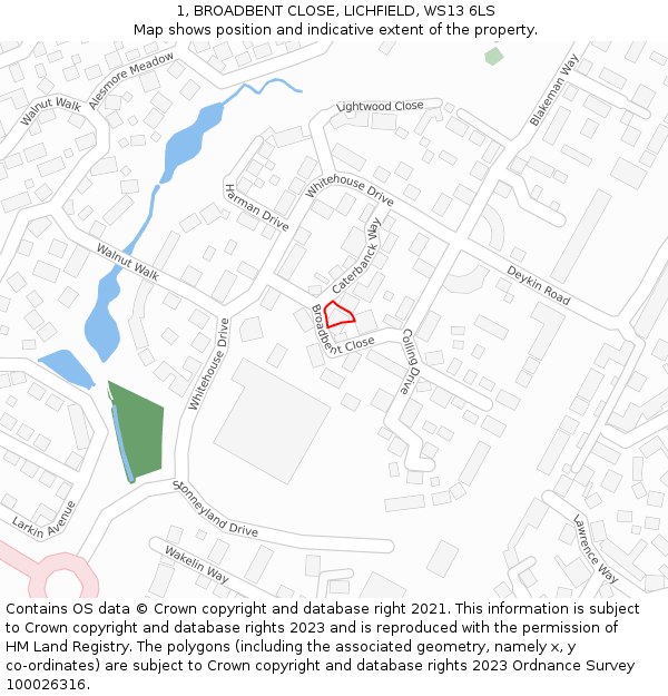 1, BROADBENT CLOSE, LICHFIELD, WS13 6LS: Location map and indicative extent of plot