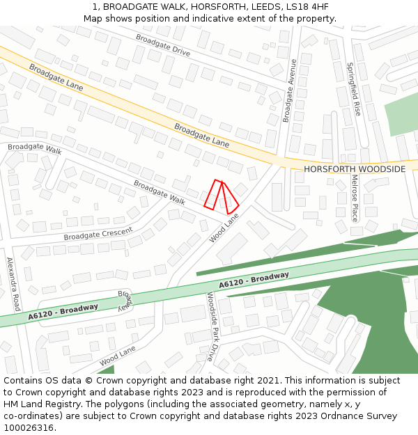 1, BROADGATE WALK, HORSFORTH, LEEDS, LS18 4HF: Location map and indicative extent of plot
