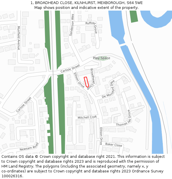 1, BROADHEAD CLOSE, KILNHURST, MEXBOROUGH, S64 5WE: Location map and indicative extent of plot