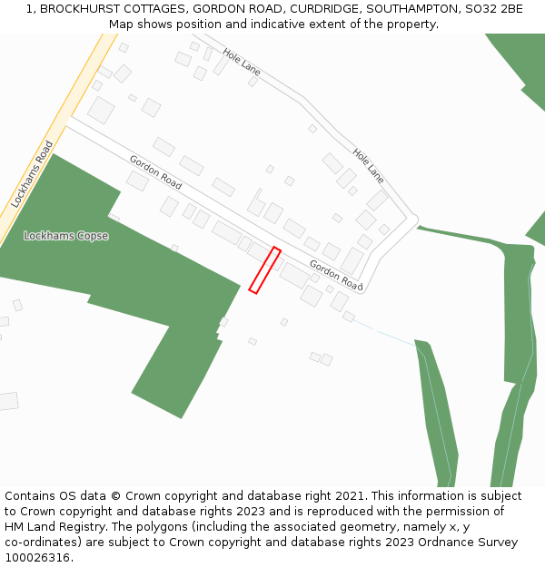 1, BROCKHURST COTTAGES, GORDON ROAD, CURDRIDGE, SOUTHAMPTON, SO32 2BE: Location map and indicative extent of plot