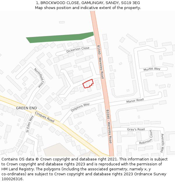 1, BROCKWOOD CLOSE, GAMLINGAY, SANDY, SG19 3EG: Location map and indicative extent of plot