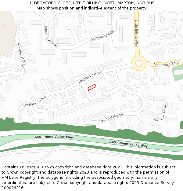 1, BROMFORD CLOSE, LITTLE BILLING, NORTHAMPTON, NN3 9HS: Location map and indicative extent of plot