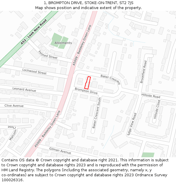 1, BROMPTON DRIVE, STOKE-ON-TRENT, ST2 7JS: Location map and indicative extent of plot