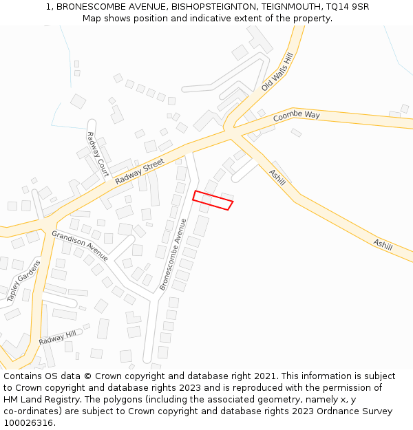 1, BRONESCOMBE AVENUE, BISHOPSTEIGNTON, TEIGNMOUTH, TQ14 9SR: Location map and indicative extent of plot