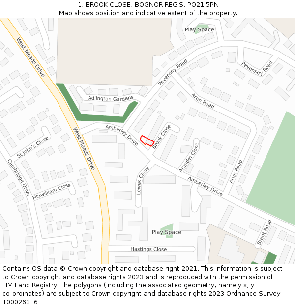 1, BROOK CLOSE, BOGNOR REGIS, PO21 5PN: Location map and indicative extent of plot