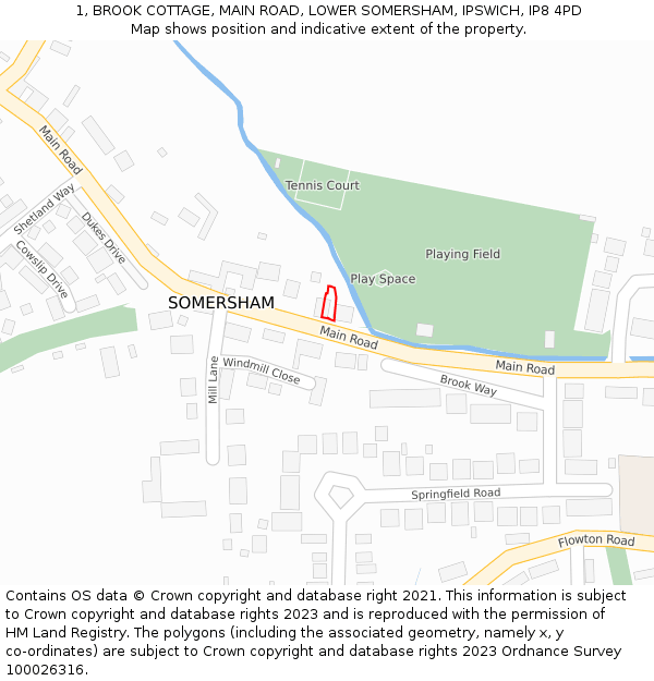 1, BROOK COTTAGE, MAIN ROAD, LOWER SOMERSHAM, IPSWICH, IP8 4PD: Location map and indicative extent of plot