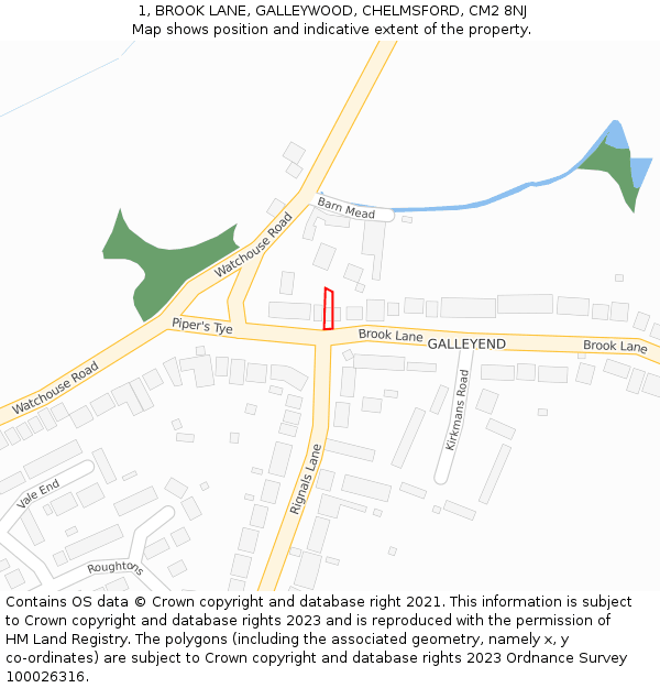 1, BROOK LANE, GALLEYWOOD, CHELMSFORD, CM2 8NJ: Location map and indicative extent of plot