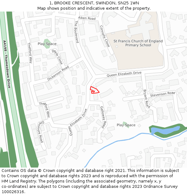 1, BROOKE CRESCENT, SWINDON, SN25 1WN: Location map and indicative extent of plot