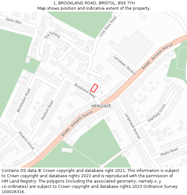 1, BROOKLAND ROAD, BRISTOL, BS6 7YH: Location map and indicative extent of plot