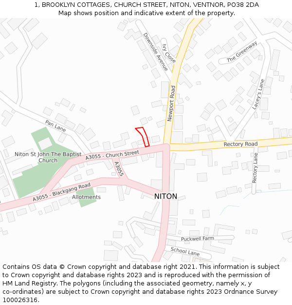 1, BROOKLYN COTTAGES, CHURCH STREET, NITON, VENTNOR, PO38 2DA: Location map and indicative extent of plot