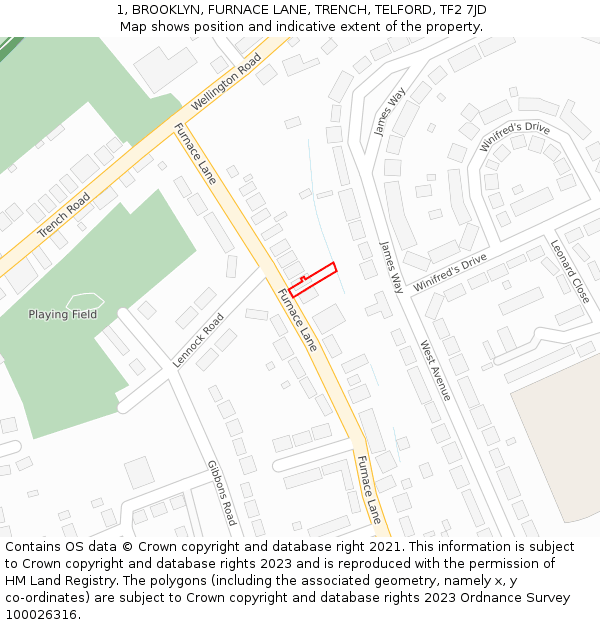 1, BROOKLYN, FURNACE LANE, TRENCH, TELFORD, TF2 7JD: Location map and indicative extent of plot