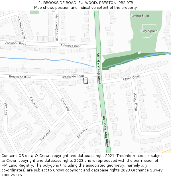 1, BROOKSIDE ROAD, FULWOOD, PRESTON, PR2 9TR: Location map and indicative extent of plot