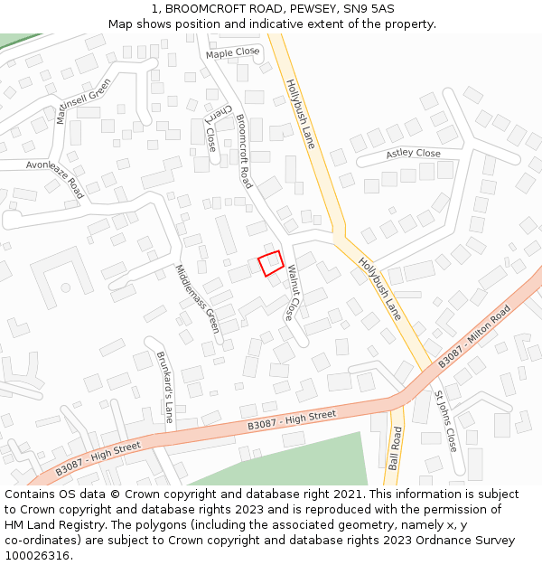 1, BROOMCROFT ROAD, PEWSEY, SN9 5AS: Location map and indicative extent of plot