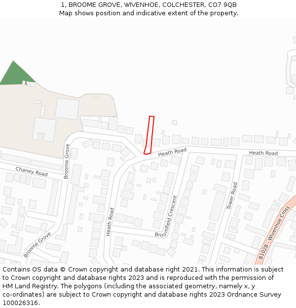 1, BROOME GROVE, WIVENHOE, COLCHESTER, CO7 9QB: Location map and indicative extent of plot