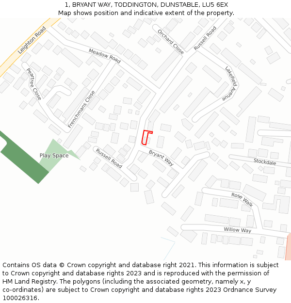 1, BRYANT WAY, TODDINGTON, DUNSTABLE, LU5 6EX: Location map and indicative extent of plot