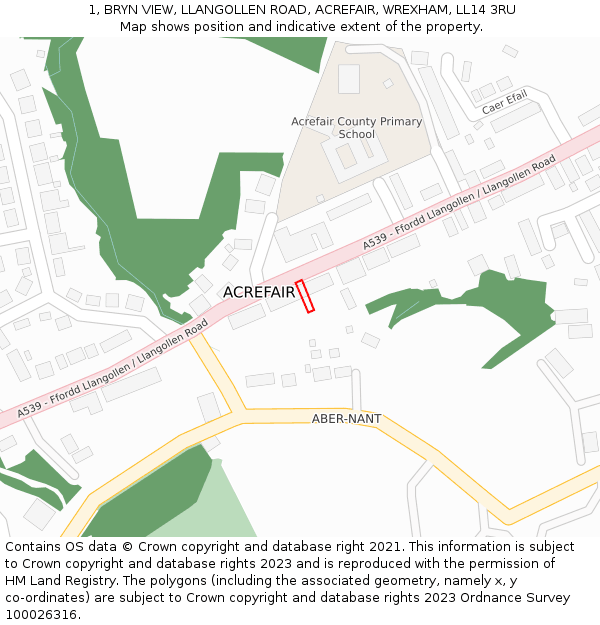 1, BRYN VIEW, LLANGOLLEN ROAD, ACREFAIR, WREXHAM, LL14 3RU: Location map and indicative extent of plot