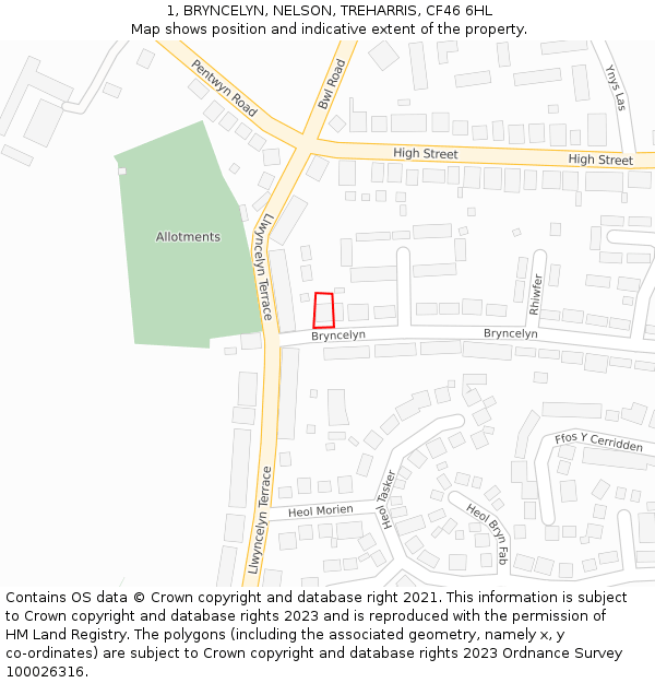 1, BRYNCELYN, NELSON, TREHARRIS, CF46 6HL: Location map and indicative extent of plot