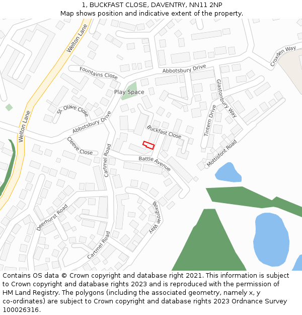 1, BUCKFAST CLOSE, DAVENTRY, NN11 2NP: Location map and indicative extent of plot