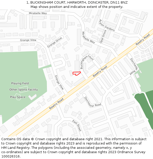 1, BUCKINGHAM COURT, HARWORTH, DONCASTER, DN11 8NZ: Location map and indicative extent of plot