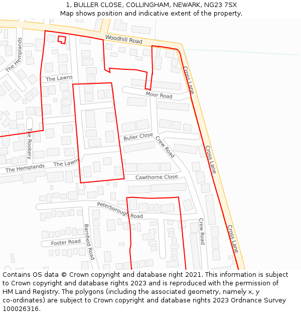 1, BULLER CLOSE, COLLINGHAM, NEWARK, NG23 7SX: Location map and indicative extent of plot