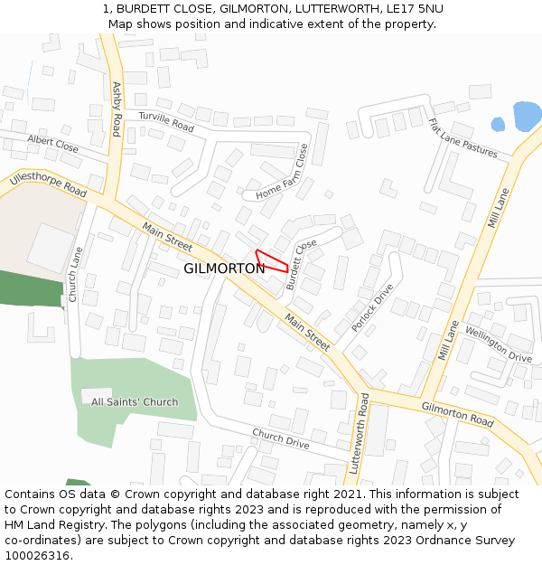 1, BURDETT CLOSE, GILMORTON, LUTTERWORTH, LE17 5NU: Location map and indicative extent of plot