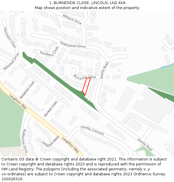 1, BURNESIDE CLOSE, LINCOLN, LN2 4XA: Location map and indicative extent of plot