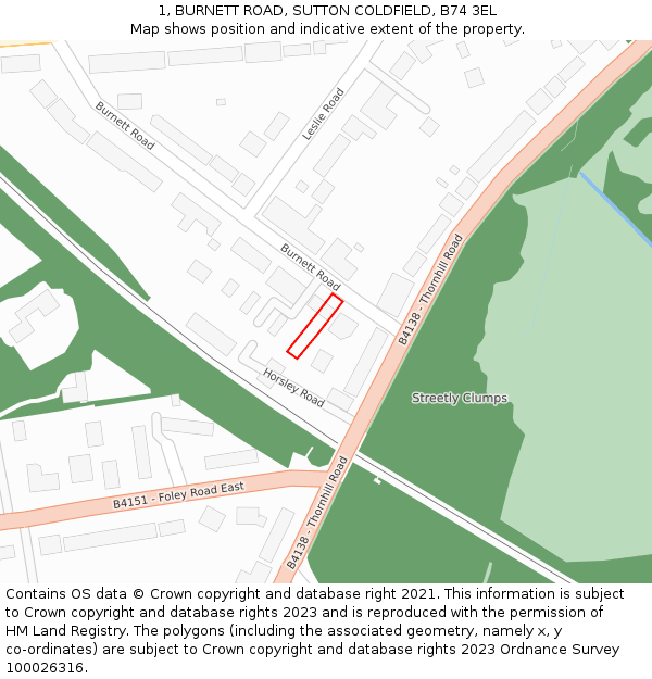 1, BURNETT ROAD, SUTTON COLDFIELD, B74 3EL: Location map and indicative extent of plot