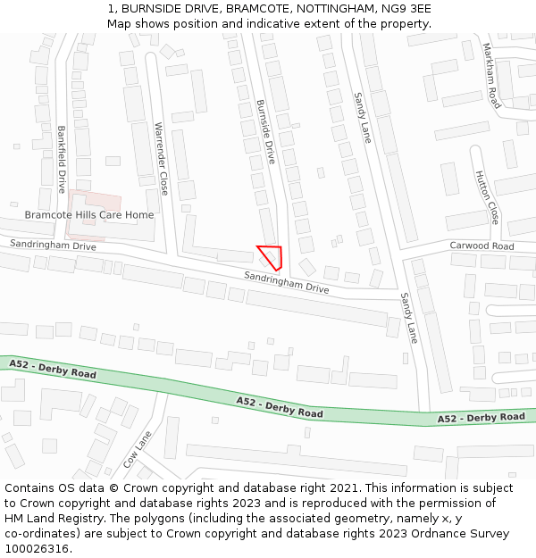 1, BURNSIDE DRIVE, BRAMCOTE, NOTTINGHAM, NG9 3EE: Location map and indicative extent of plot