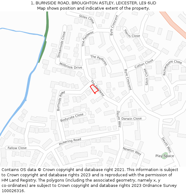 1, BURNSIDE ROAD, BROUGHTON ASTLEY, LEICESTER, LE9 6UD: Location map and indicative extent of plot