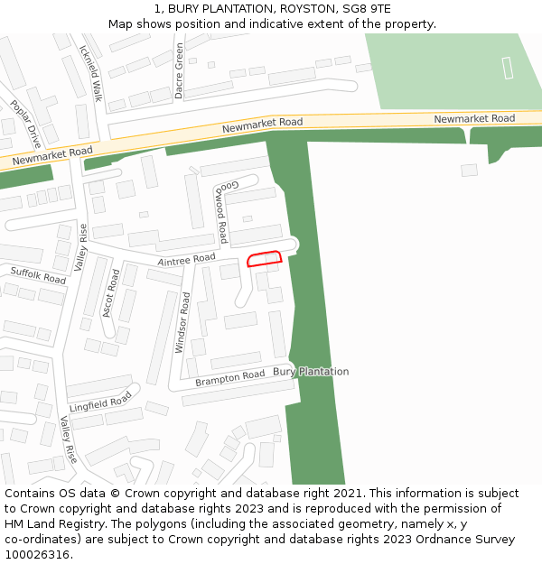 1, BURY PLANTATION, ROYSTON, SG8 9TE: Location map and indicative extent of plot