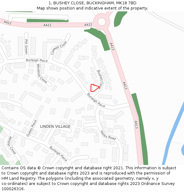 1, BUSHEY CLOSE, BUCKINGHAM, MK18 7BD: Location map and indicative extent of plot