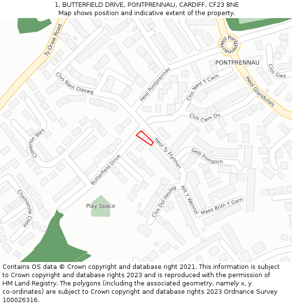 1, BUTTERFIELD DRIVE, PONTPRENNAU, CARDIFF, CF23 8NE: Location map and indicative extent of plot