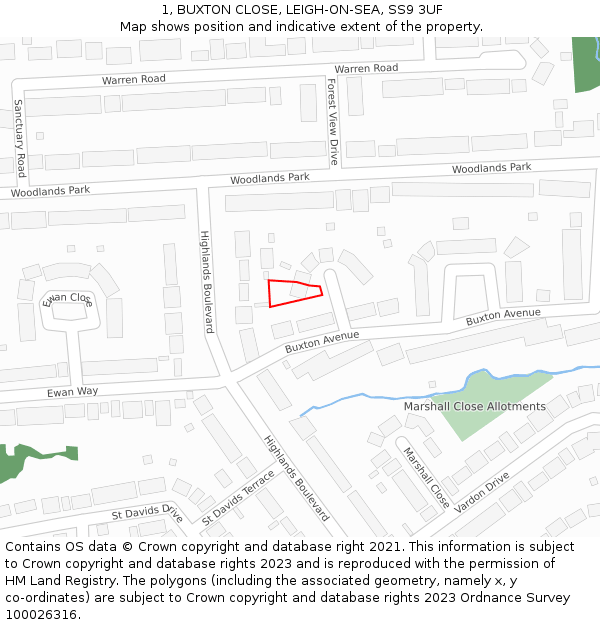 1, BUXTON CLOSE, LEIGH-ON-SEA, SS9 3UF: Location map and indicative extent of plot