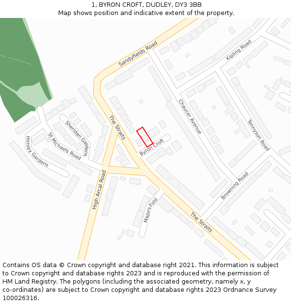 1, BYRON CROFT, DUDLEY, DY3 3BB: Location map and indicative extent of plot