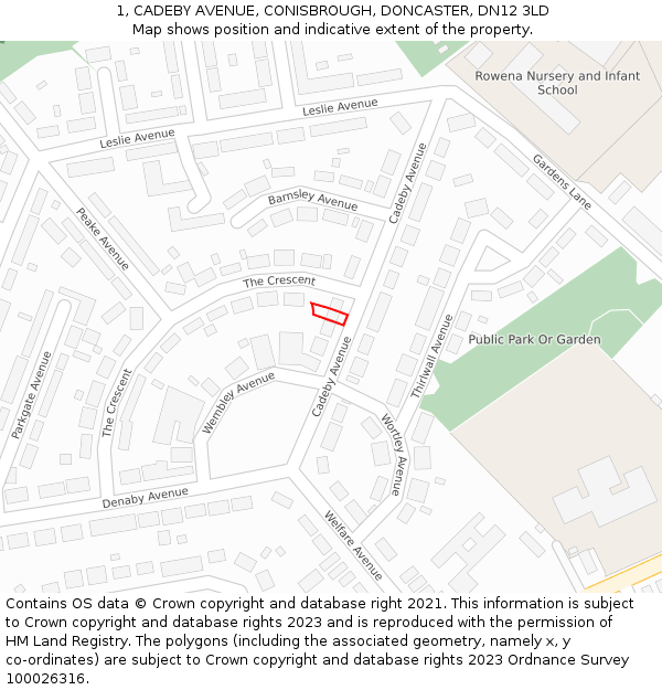 1, CADEBY AVENUE, CONISBROUGH, DONCASTER, DN12 3LD: Location map and indicative extent of plot