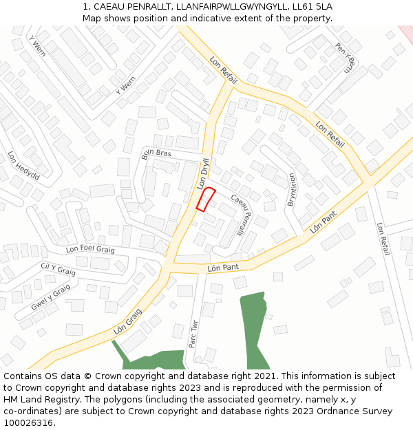 1, CAEAU PENRALLT, LLANFAIRPWLLGWYNGYLL, LL61 5LA: Location map and indicative extent of plot