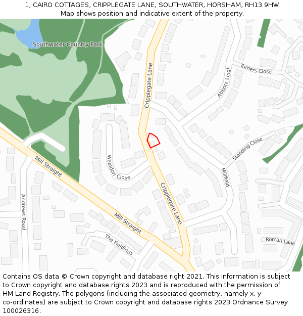 1, CAIRO COTTAGES, CRIPPLEGATE LANE, SOUTHWATER, HORSHAM, RH13 9HW: Location map and indicative extent of plot