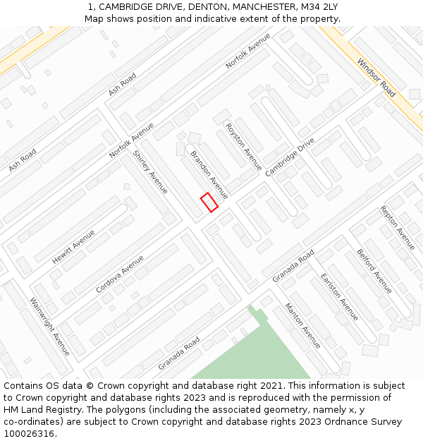 1, CAMBRIDGE DRIVE, DENTON, MANCHESTER, M34 2LY: Location map and indicative extent of plot