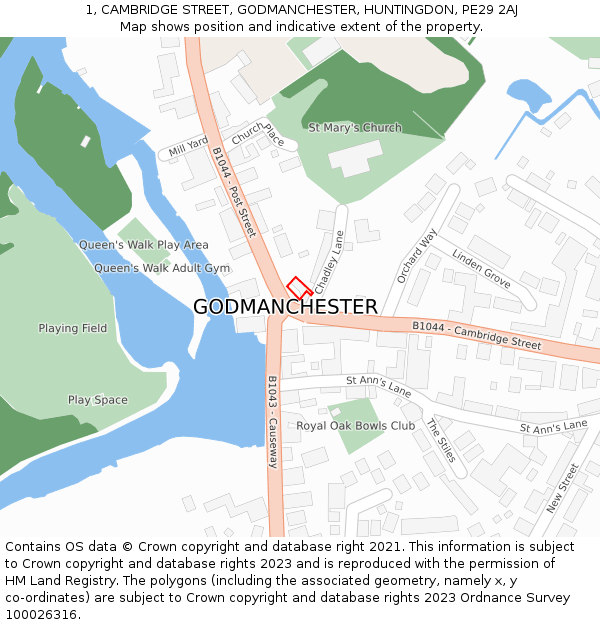 1, CAMBRIDGE STREET, GODMANCHESTER, HUNTINGDON, PE29 2AJ: Location map and indicative extent of plot