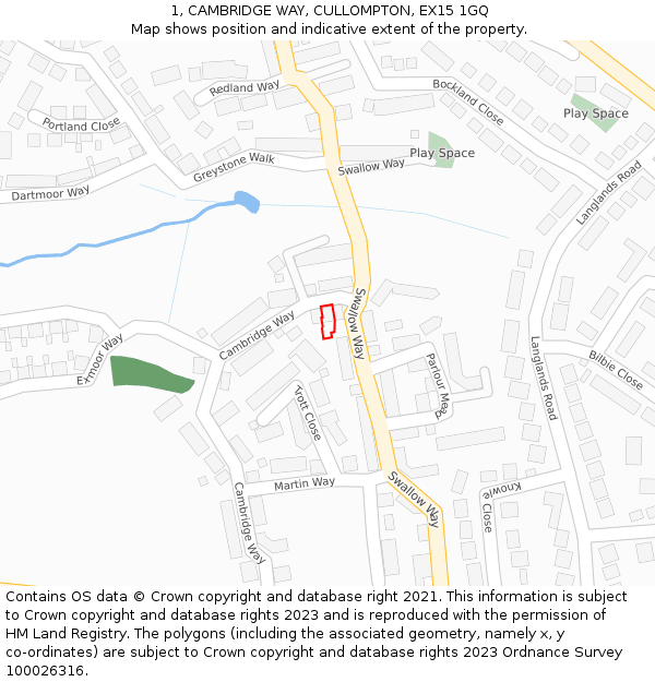 1, CAMBRIDGE WAY, CULLOMPTON, EX15 1GQ: Location map and indicative extent of plot