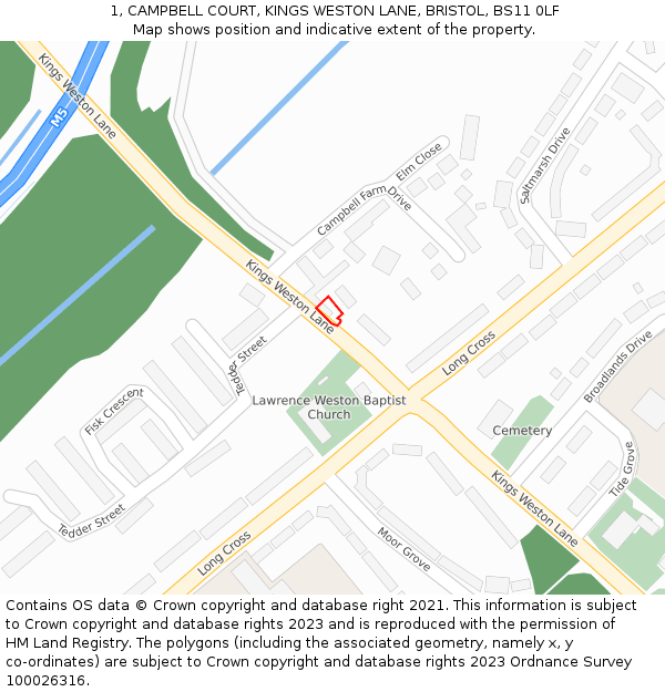 1, CAMPBELL COURT, KINGS WESTON LANE, BRISTOL, BS11 0LF: Location map and indicative extent of plot